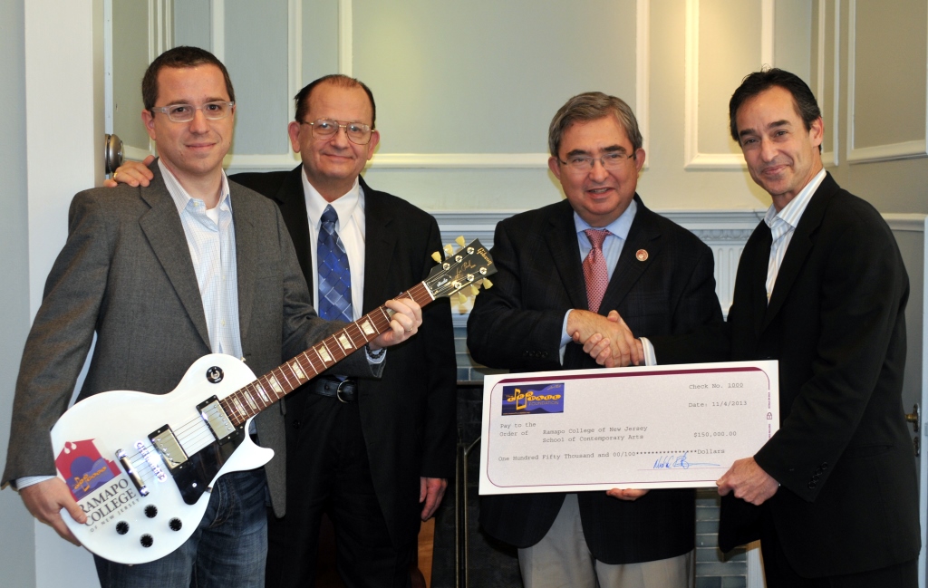 Photo (l to r) Assistant Professor of Music, Seth Cluett, Rusty Paul, President of Ramapo College Philip Mercer, Michael Braunstein at official presentation of Les Paul Foundation grant