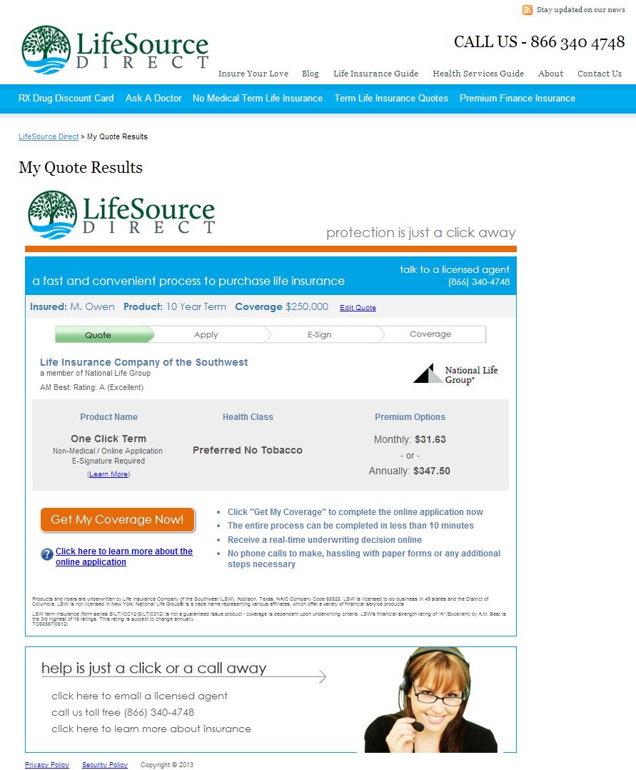 No Medical Exam Life Insurance Quote Results and Purchase Page