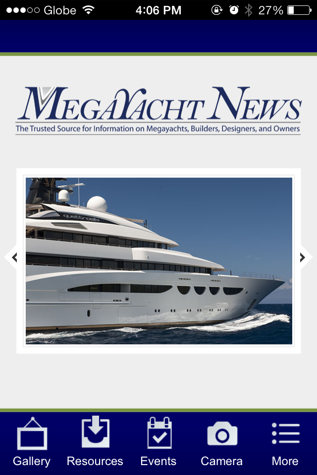 The homepage for the Megayacht News app features a rotating slideshow of famous yachts, plus an intuitive menu.