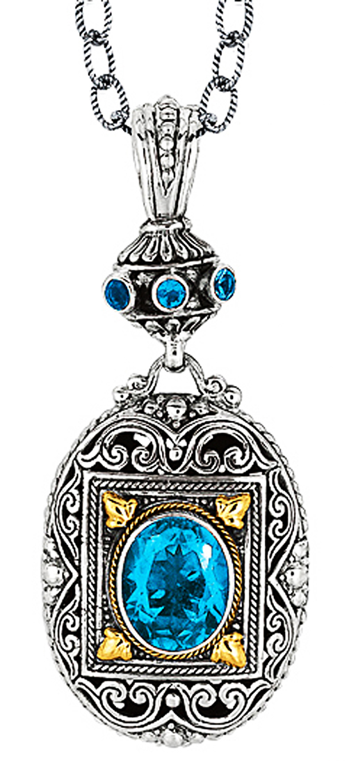 18k Yellow Gold and Sterling Silver Byzantine pendant, with Oxidized Oval Blue Topaz, exemplifies the inspired design of the Phillip Gavriel Collection at www.tyler-adam.com.