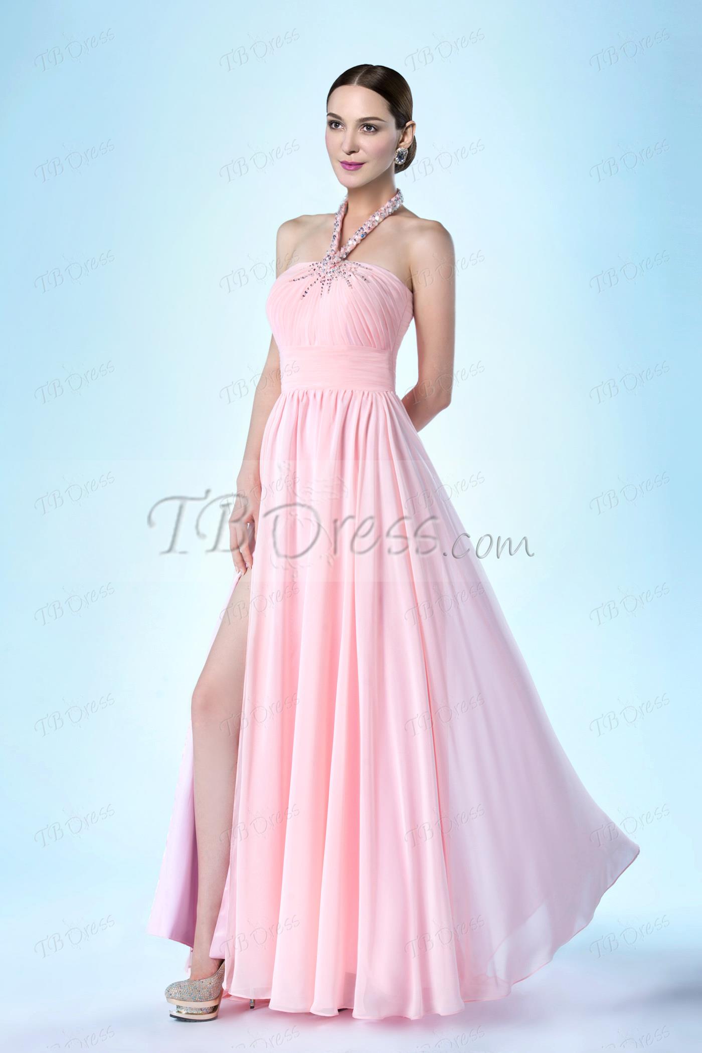Elegant A-Line Split-Front Halter Ruched Evening Dress Item Code: 10784592