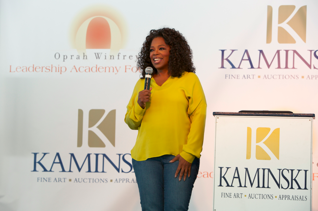 Oprah Winfrey on stage at the Kaminski Auction event at the Santa Barbara Polo and Racquet Club.  Photographer: Chris Frawley