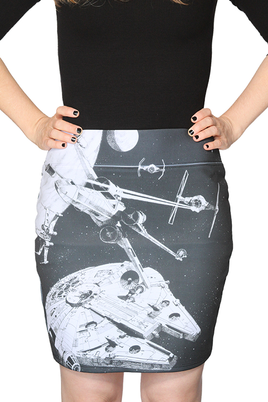 The Millennium Falcon and an X-Wing on a skirt? Yes, please! This Star Wars Space Battle pencil skirt from Her Universe is the epitome of "Geek Chic!"