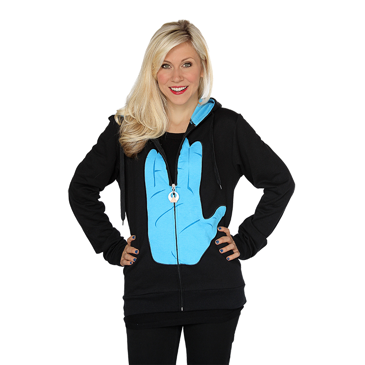 This Her Universe hoodie cleverly features the Star Trek Vulcan hand salute and is adorned with a zipper pull inspired by Spock's IDIC medallion. Live Long & Prosper!