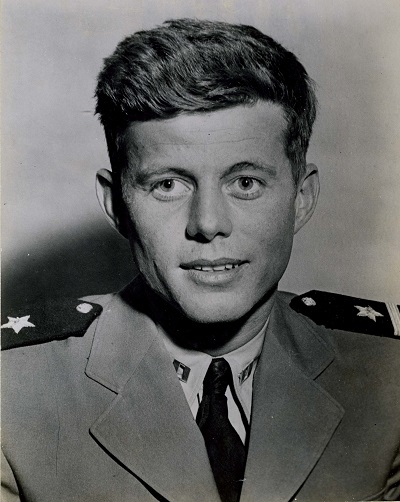 Lieutenant John F. Kennedy, in a photo released in 1944. By July of 1944, his painful health problems forced him out of the navy. US NAVY PHOTO. NATIONAL ARCHIVES