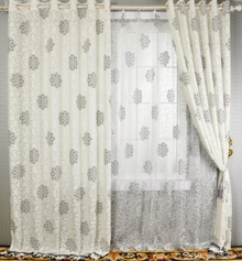 Graceful Grey Floral Printed Embossed White Lined Cotton Curtains (Two Panels)