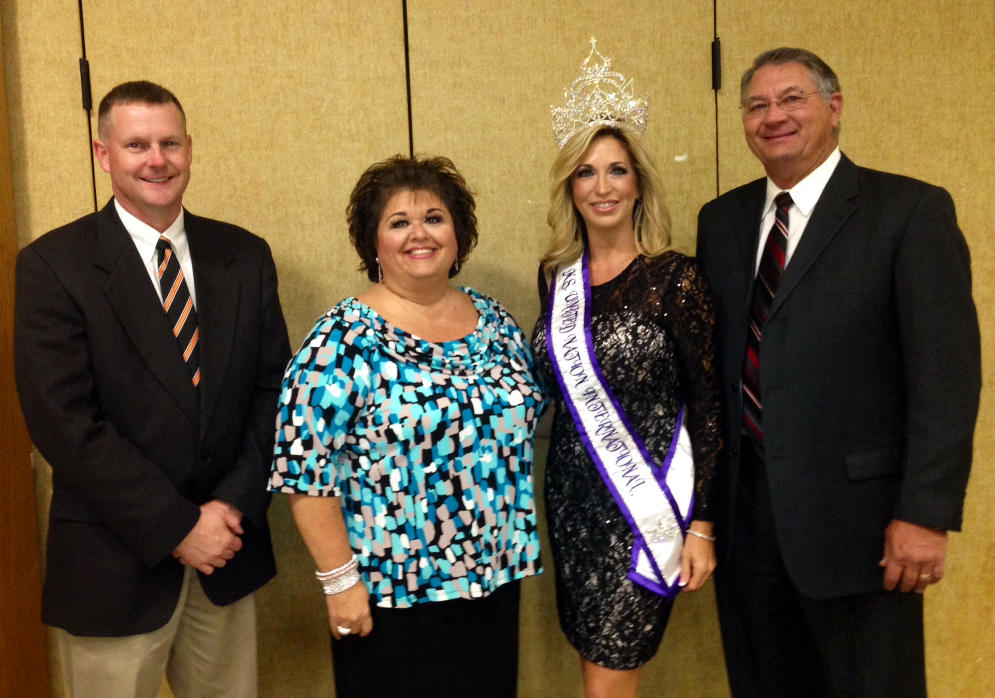 Idabel Chamber of Commerce banquet-speaking engagement. Left to right: Chamber Pres. Brad Bain, Mayor Tina Foshee-Thomas, Carla Gonzalez, Ms. United Nation International, State Rep. Curtis McDaniel