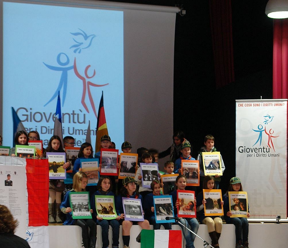 Members of the Padova chapter of Youth for Human Rights on Youth for Human Rights Day November 10, 2013, on the stage of the cultural hall adjoining Grantorto City Hall