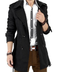 3-Ruler Men's Black Double Breasted Notched Lapel Long Trench Coat