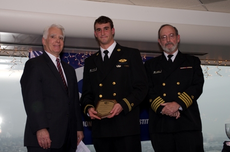 Photo from left to right: Steven Blust, president, Institute of International Container Lessors; Cadet Christopher Anthony; and Capt. Jon Helmick, USMMA