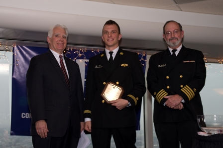 Photo from left to right: Steven Blust, president, Institute of International Container Lessors; Cadet Thomas Treat; and Capt. Jon Helmick, USMMA