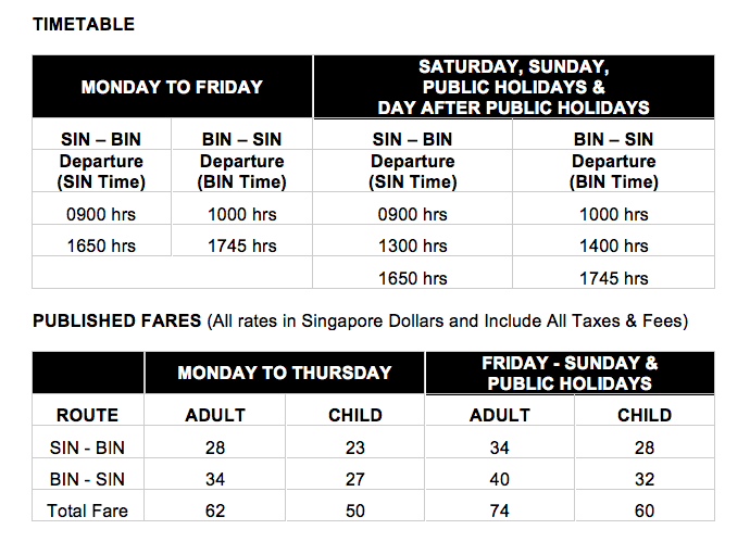 New Ferry Timetable and Published Fares