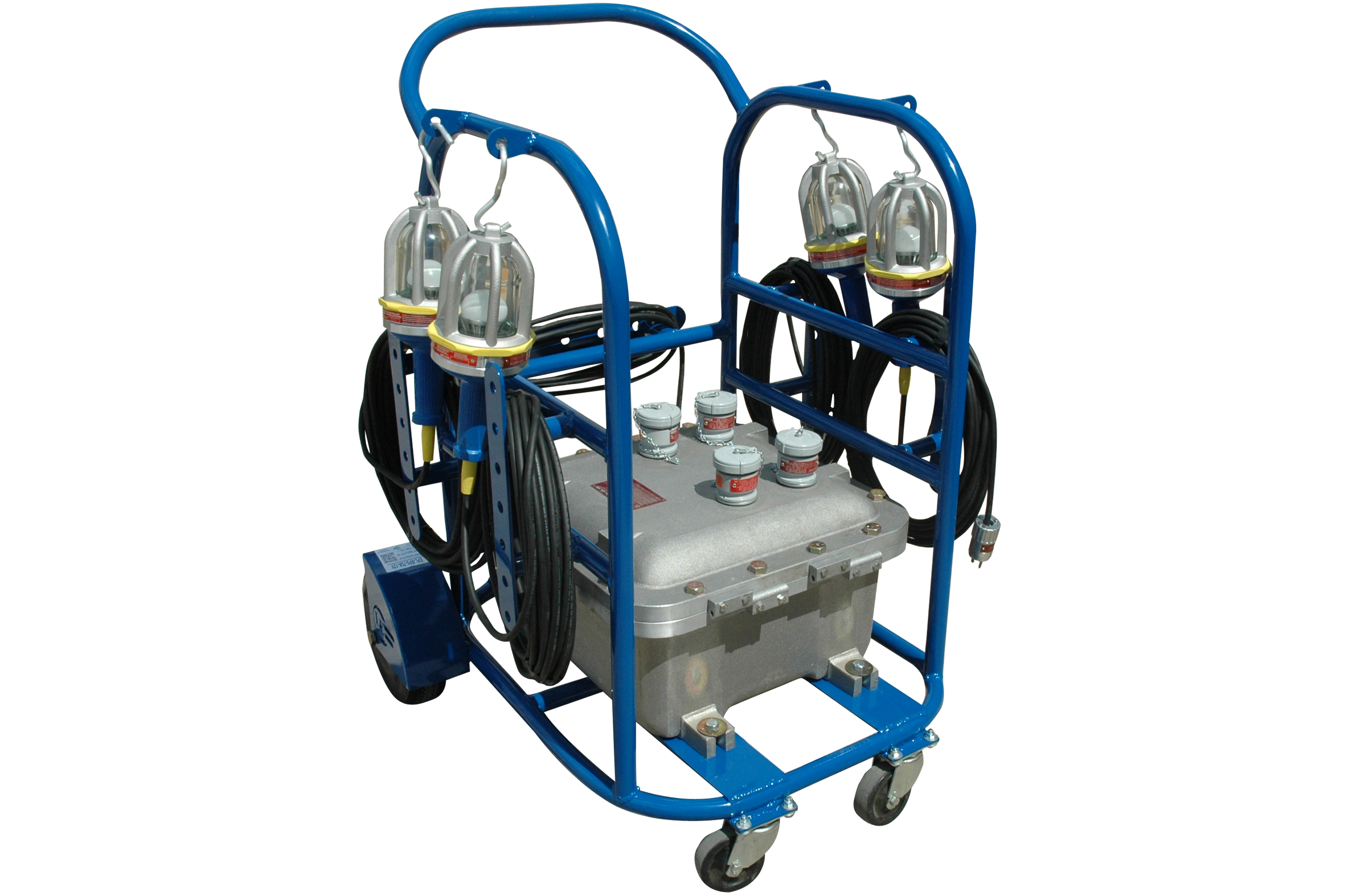 The Magnalight EPLC-112 Four Drop Light GFI Cart provides a mobile lighting solution for applications requiring multiple explosion proof light sources that can be easily managed in the workspace.