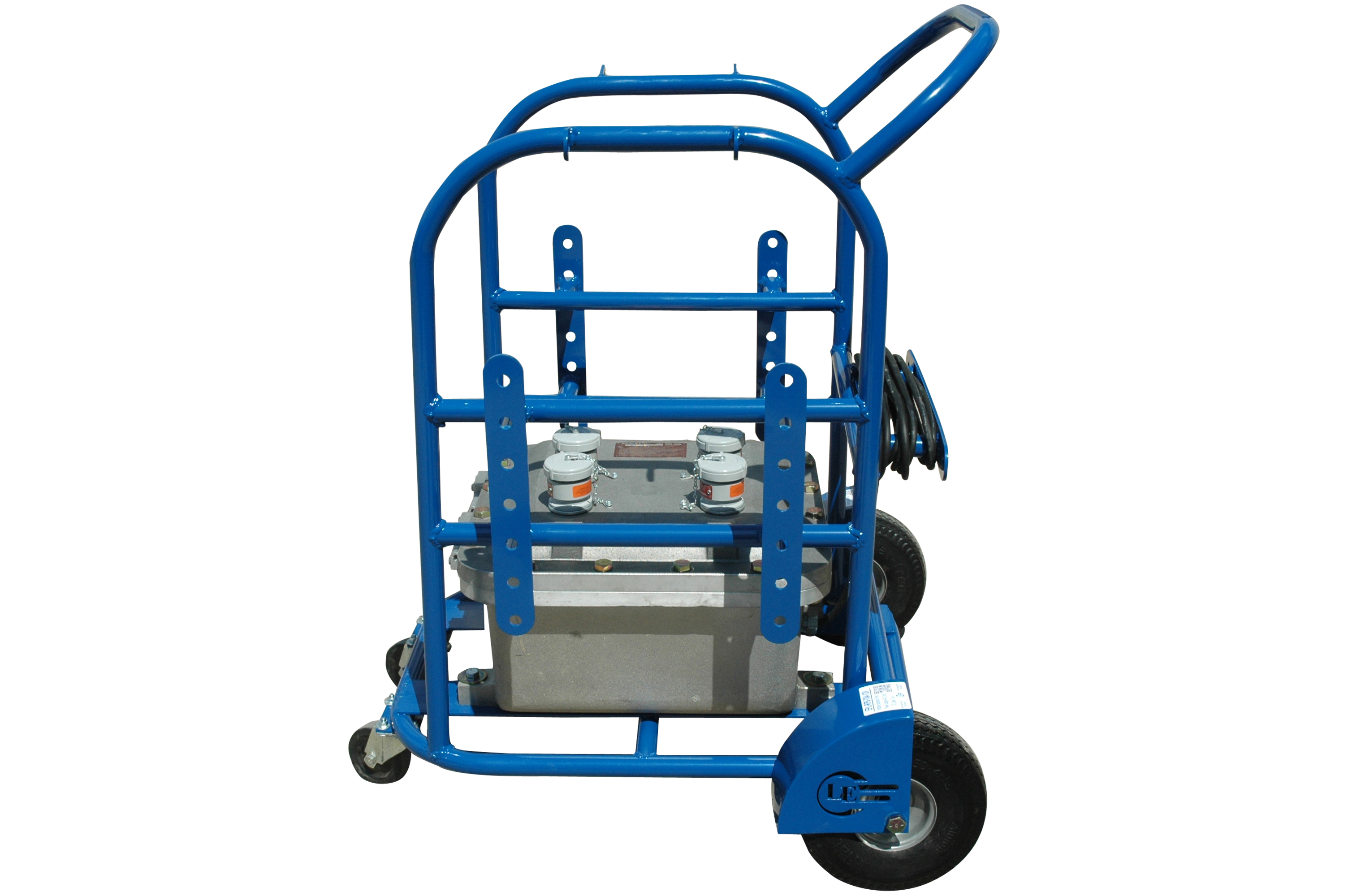 This mobile light cart is designed to provide operators in hazardous locations with four mobile drop lights operating on 12 or 24 volt AC and comes complete with 50 feet of SOOW explosion proof cord a