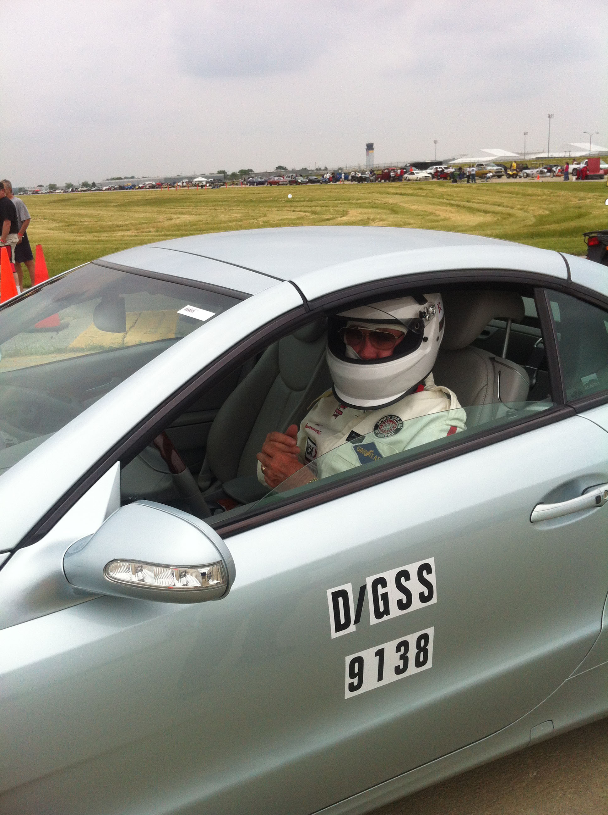 Allen Schwarzwalder dressed and ready to go in his Mercedes SL500 Roadster just after breaking a land-speed record!