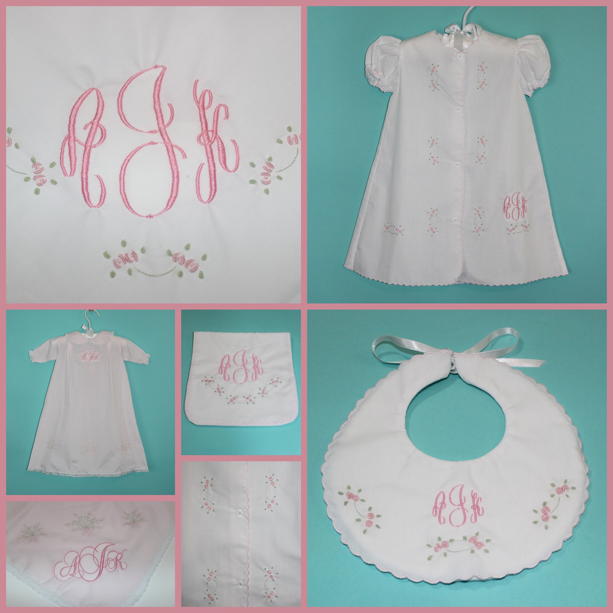 Consigned gown, blanket, bib set with the monogram AKJ available at www.MatchMyMonogram.