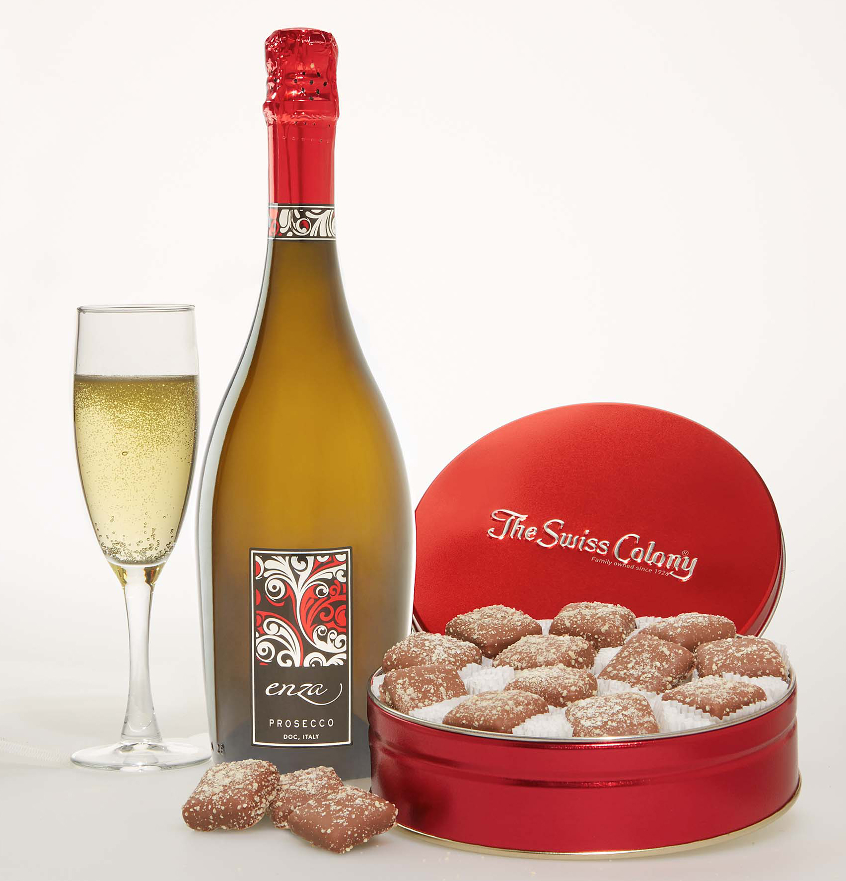 Swiss Colony's famous butter toffee pairs well with a bubbly Prosecco.