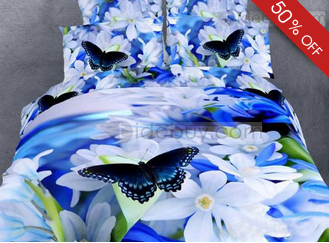 White Flower And Butterfly Print 4 Piece Bedding Sets