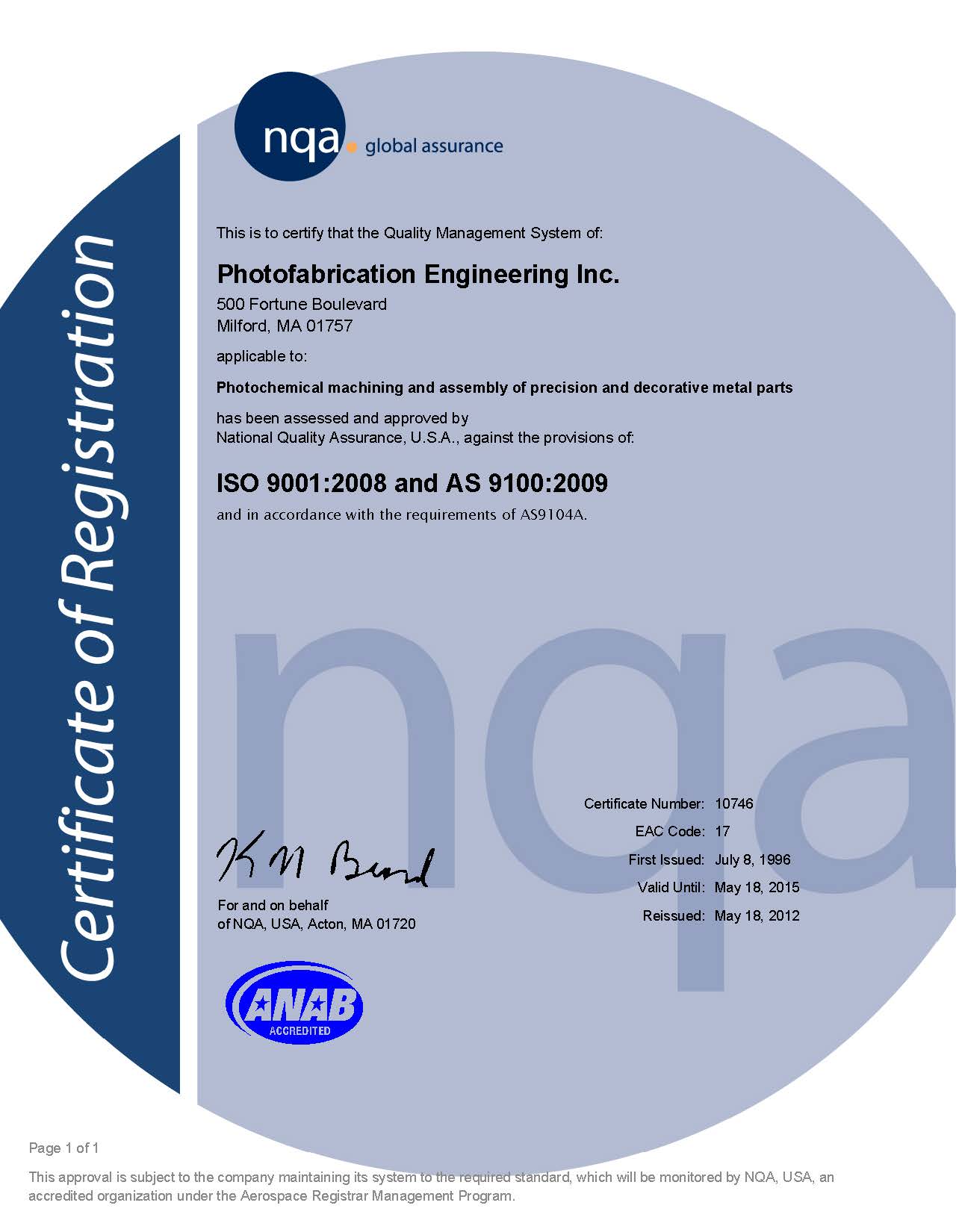 PEI's ANAB and NQA Quality Certifications Through 5/18/15
