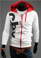3-Ruler Men's White Full Zip Black Alphabet Print Red Multi-Color Blended Cotton Hoodie