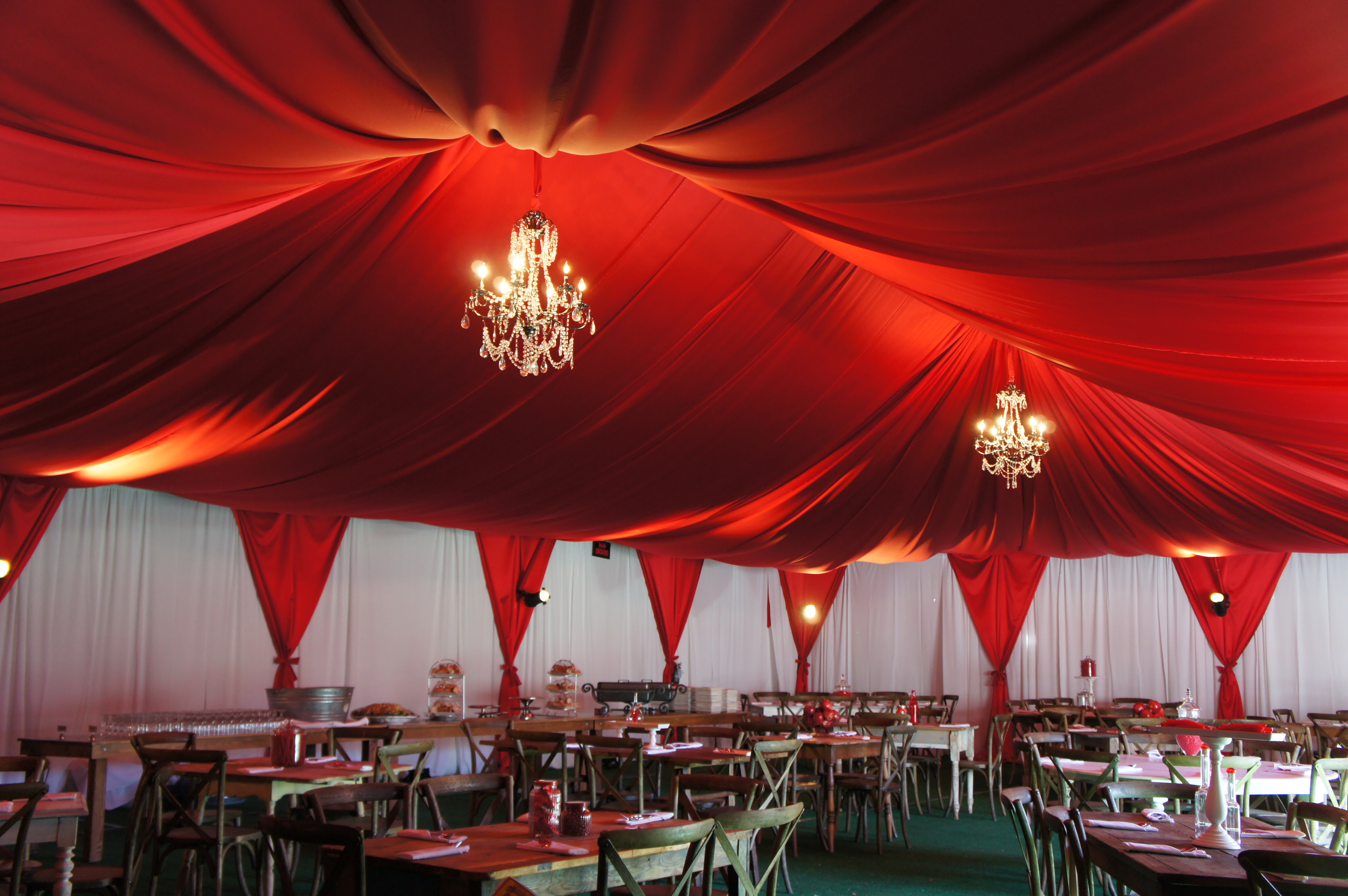 Scarlet Draped Tent with Chandeliers