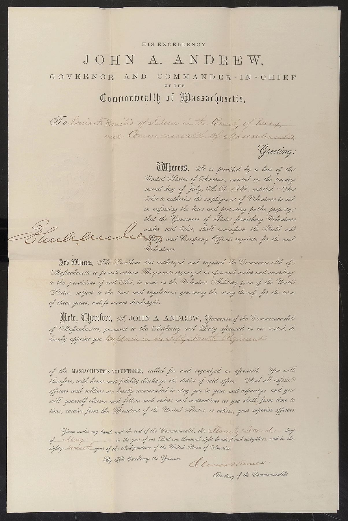 Emilio Commissioning Document Signed By Gov. Andrew Of Massachusetts From The Emilio Civil War Archive