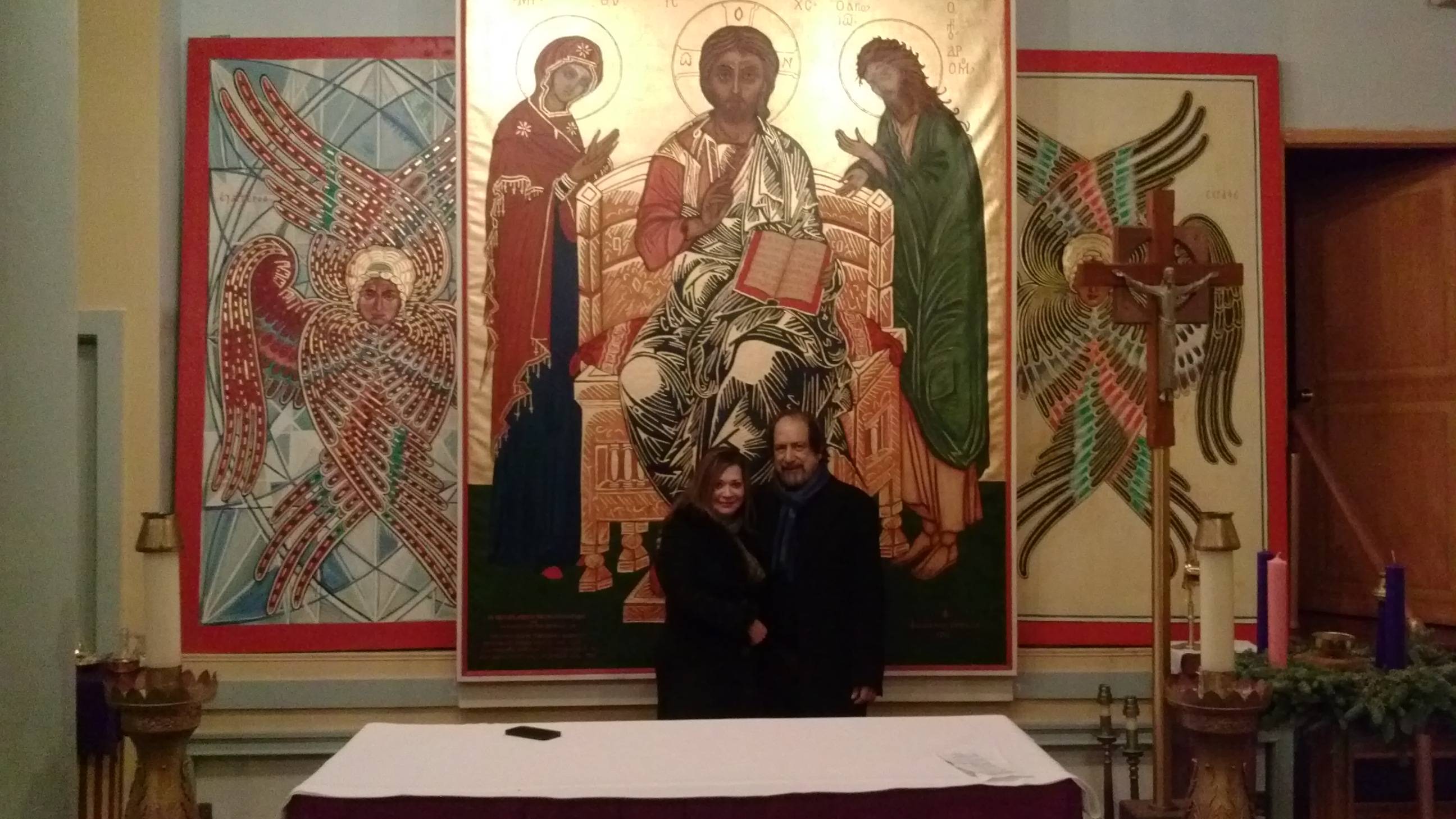 Maria Andriasova Esparza and Guillermo Esparza in front of Guillermo Esparza's Icon Of The Deisis, The Basilica of St. Patrick's Old Cathedral, New York