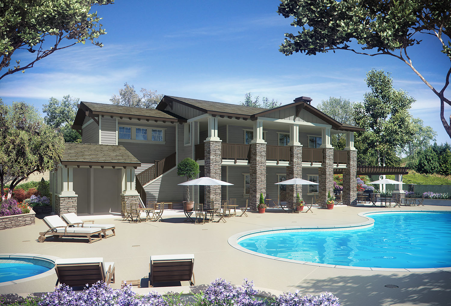 The Palisades Recreation Center will include a heated pool and spa, a full fitness facility and yoga room, and a gourmet kitchen and TV lounge area where residents can entertain family and guests.