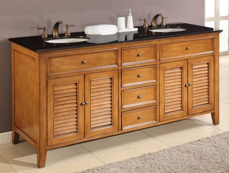 Direct Vanity 6070D12-OBk 70" Oak Shutter double vanity sink cabinet with black granite