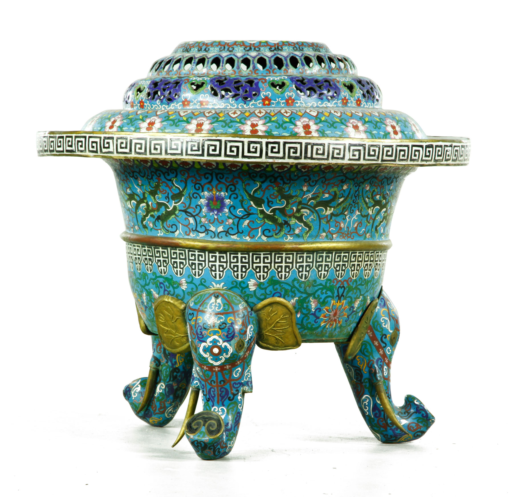 Large and rare gilt and cloisonne censer, China, 18th/19th century, with cover, the body decorated with a flying dragon design, the legs in the form of elephants, 35" h x 33" w.