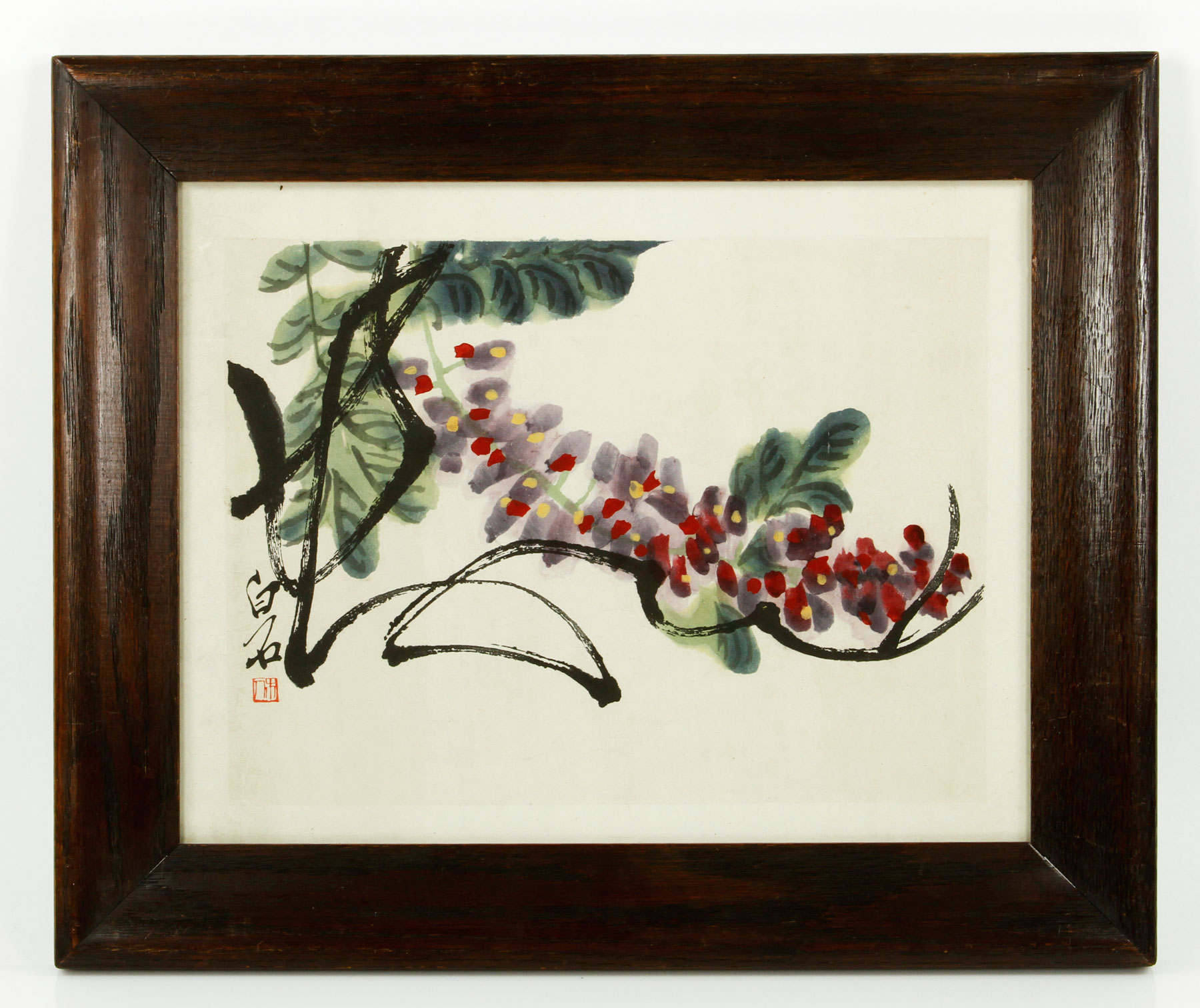 Painting, China, 20th century, of a wisteria branch, watercolor on paper, signed Qi Baishi, 10 3/8" h x 13 3/8" w, framed 14 3/8" h x 17 1/2" w.