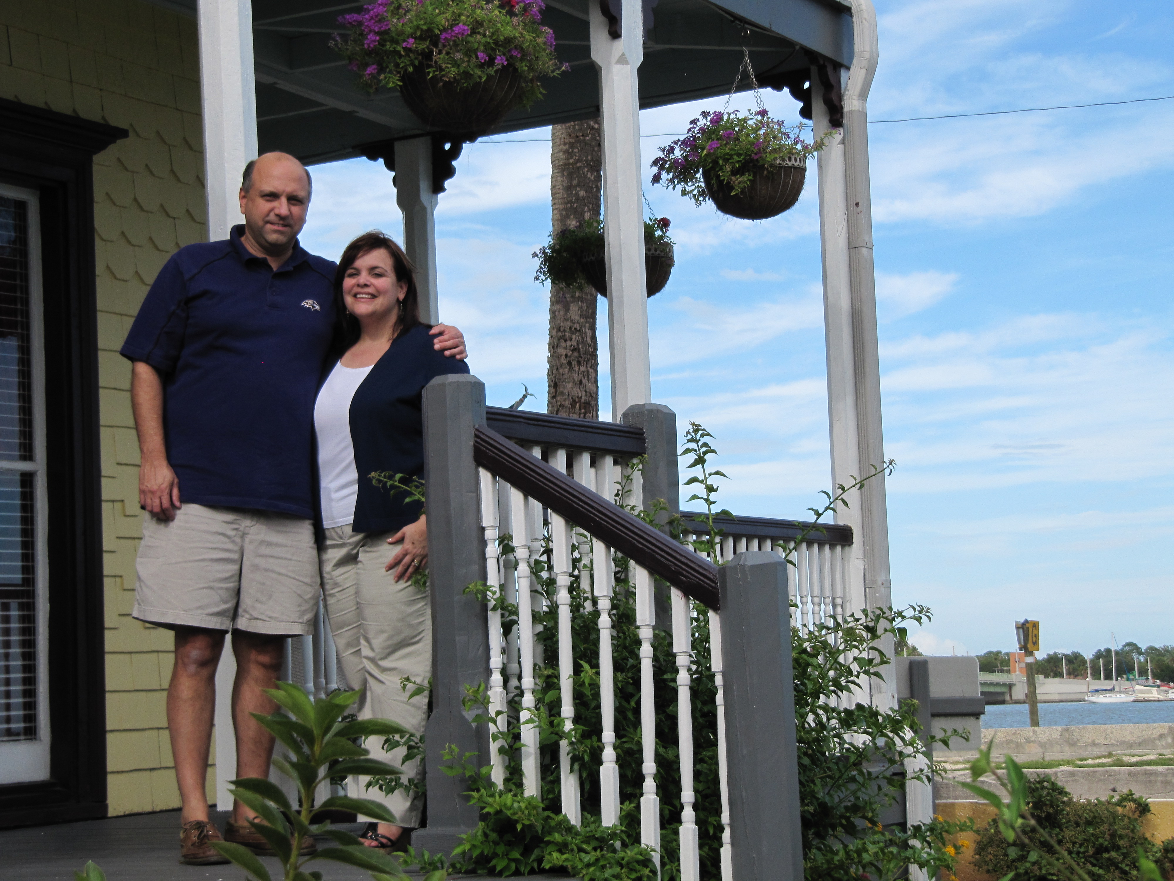Bed and breakfast owners Mike and Sandy Wieber of St. Augustine, FL, on the front porch of their inn.