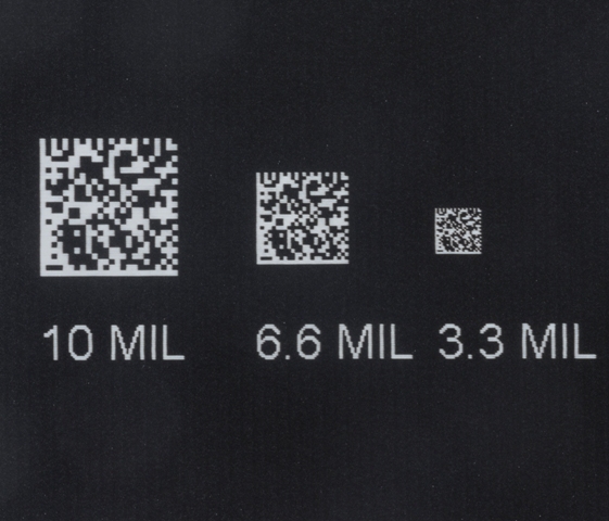 Polyonics XF-537 showing range of high resolution laser ablated 2D bar codes.