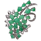 Fashion Branch Mixed Heart And Oval Shape Green Inlaid Malaysian Jade Brooch With Charming Rhinestones