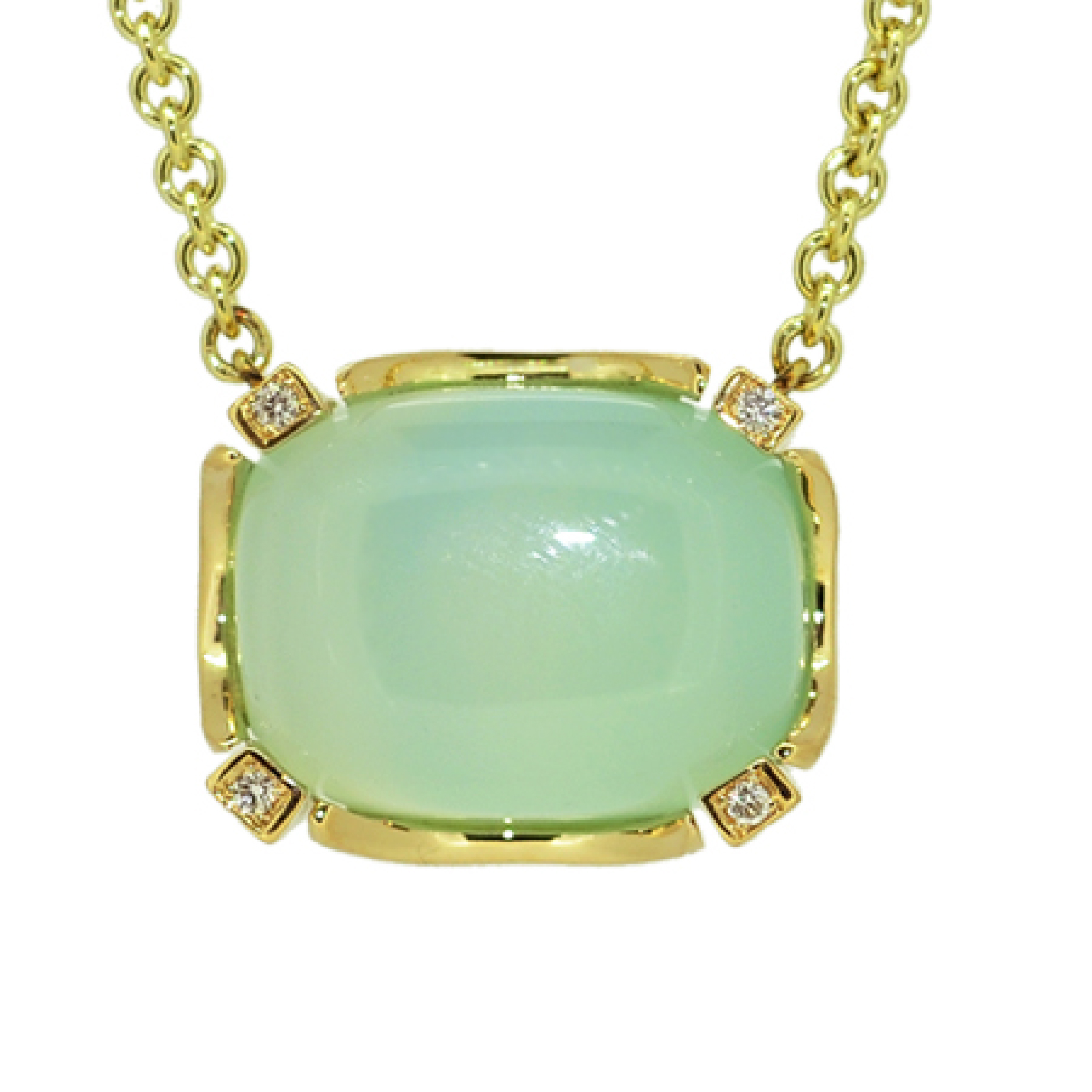 Large Fancy Bezel Cushion Solitaire Necklace by Jessica Surloff. 18K Gold, 22.7cts. Chalcedony, Diamonds