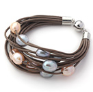 Multi Strands 11-12mm Multi Color Freshwater Pearl Brown Leather Bracelet with Magnetic Clasp