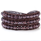 Multilayer Cats Eye Stone And Hand-Knotted Brown Leather Wrap Bracelet