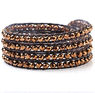 Multilayer Gold Manmade Crystal And Hand-Knotted Brown Wax Cord Wrap Bracelet
