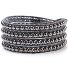 Blackish Gray Alloy Beads And Hand-Knotted Wax Cord Wrap Bracelet