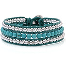 Fashion Multilayer Blue Turquoise And Silver Beads Hand-Knotted Green Leather Wrap Bracelet
