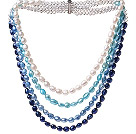 Nice Multi Strands White And Blue Series Baroque Freshwater Pearl And White Crystal Beads Necklace