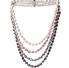 Nice Four Strands Multi Color Baroque Freshwater Pearl And White Crystal Beads Necklace