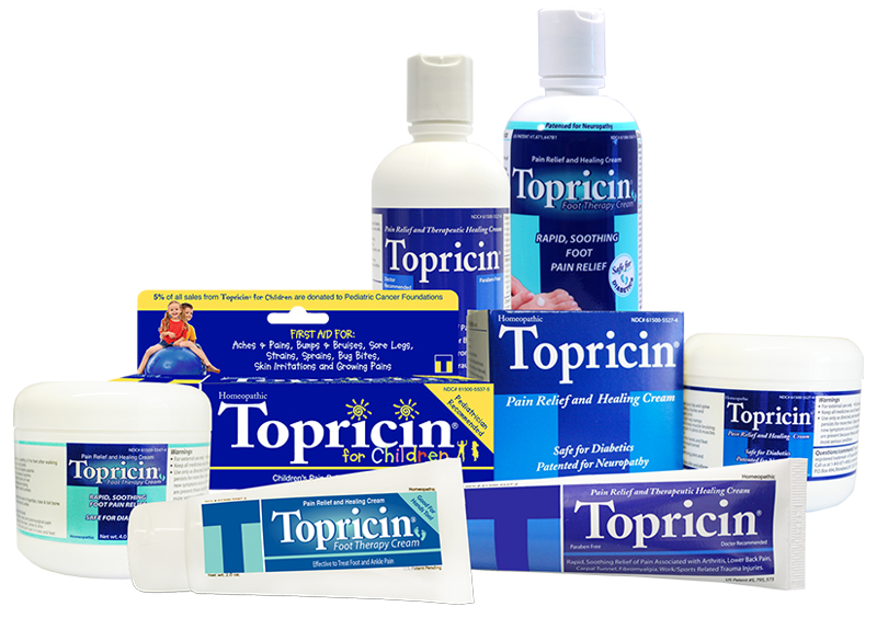 Topical BioMedics' line of Topricin formulas includes Topricin Pain Relief and Healing Cream, Topricin Foot Therapy Cream, and Topricin for Children