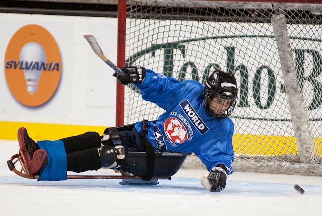 Competition at the 2011 Bruins Sled Hockey Experience in Massachusetts. Photograph courtesy Ultimate Sports Program.