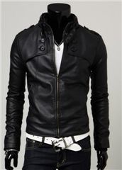 3-Ruler Men's Black Stand Collar Slim Fit Button Zip Faux Leather Jacket