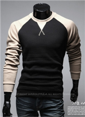 3-Ruler Men's Cheap Crewneck Long Sleeves Two-Tone Color Shirt-Black and Beige