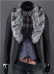 3-Ruler Men's Deep Grey Two Button Slim Fit Woolen Suit with Detachable Fur Collar