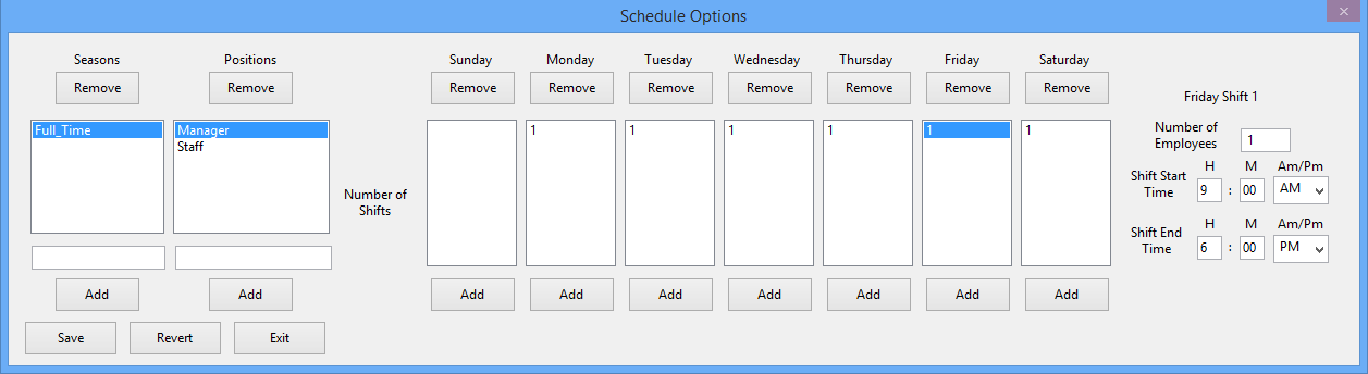 Schedule Options Window