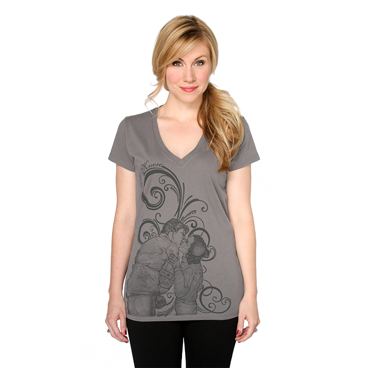 Back from the Her Universe vault just in time for Valentine's Day, this v-neck tee with original art by renowned artist, Cat Staggs, showcases Han and Leia - "I LOVE YOU," "I KNOW."