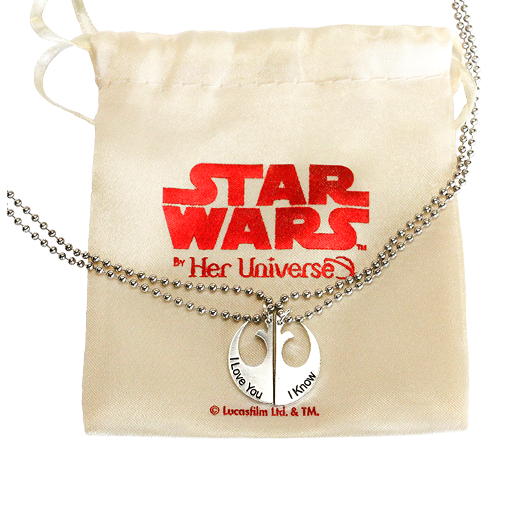 The I LOVE YOU, I KNOW necklace is perfect for Star Wars duos.  Keep one half for yourself and give the other half to your love, family member or friend.